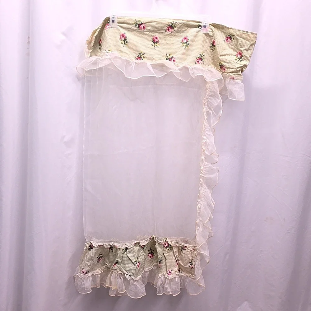 Handmade Window Valance Sheer Curtain Set Green Pink Floral Shabby Chic